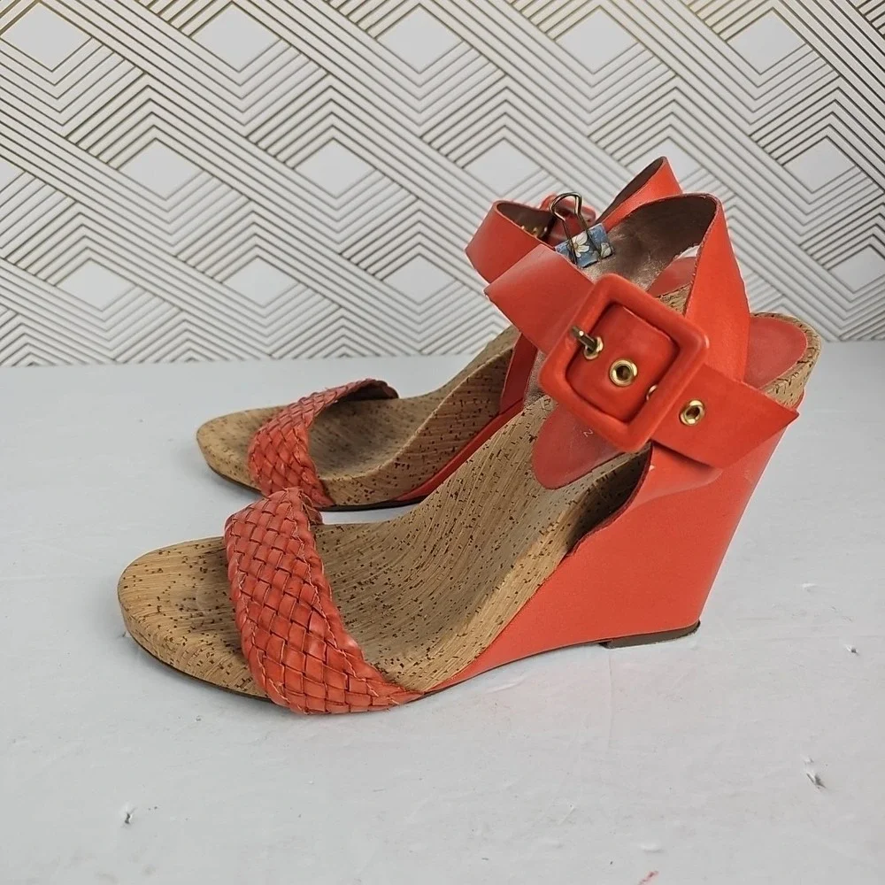 BCBGeneration Womens Orange Faux Leather Wedges US 8.5 Cork‎ Footbed PL-Bana